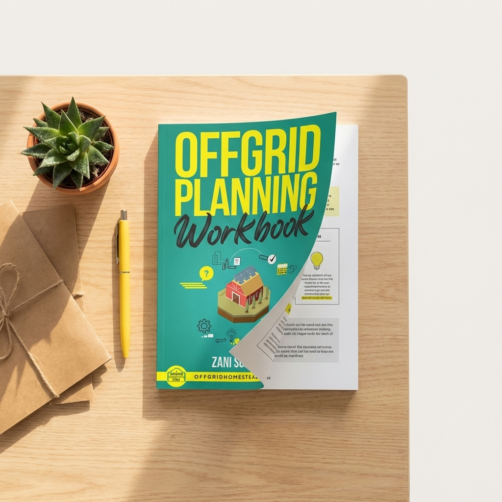 "Offgrid Planning Workbook by Zani Sunshine flat lay on wood table"