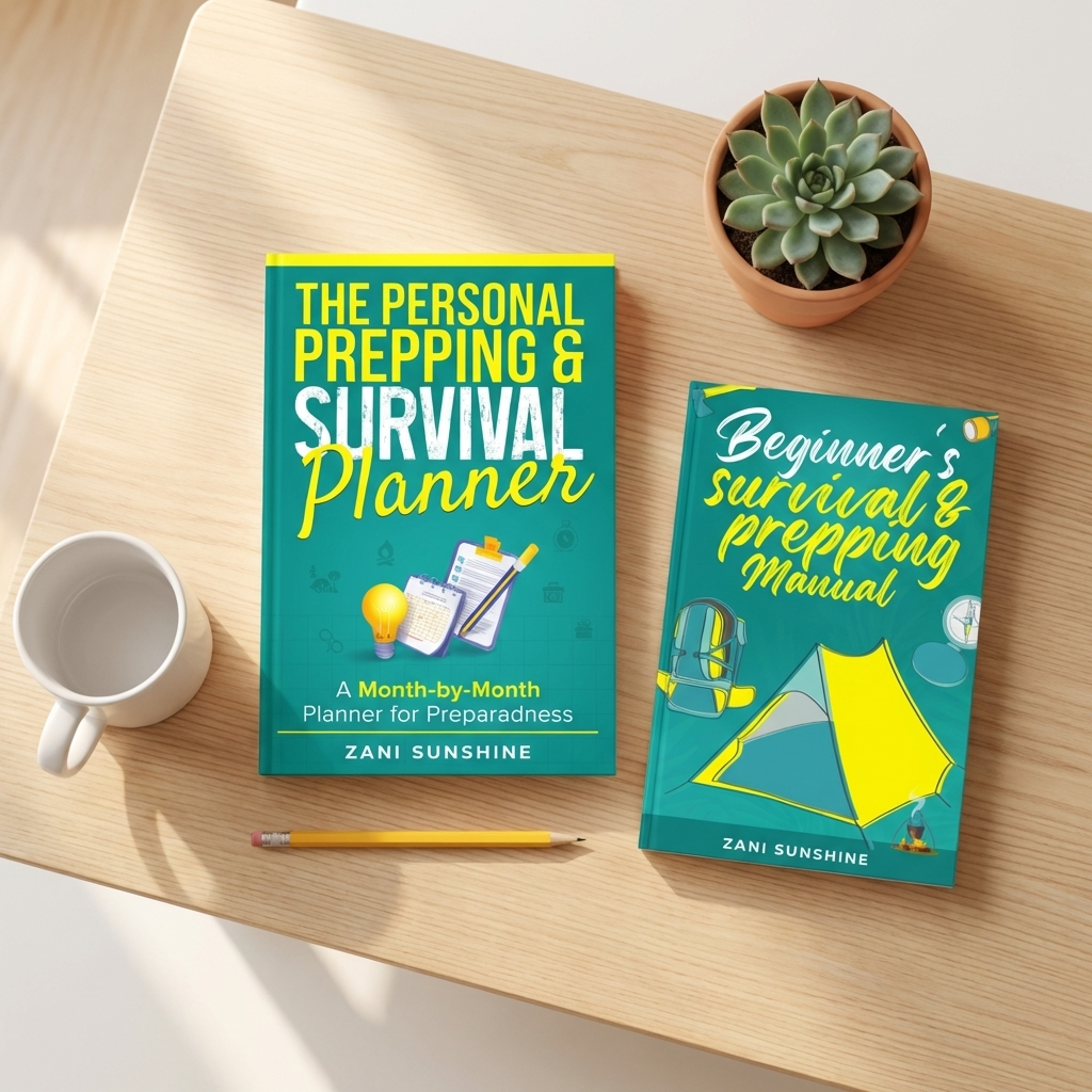  "Prepping Planner and Survival Manual by Zani Sunshine flat lay on wood table"