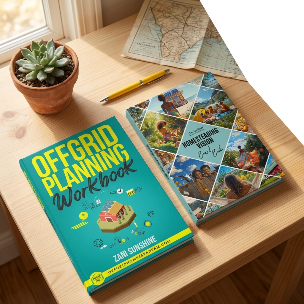 "Offgrid Planning Set both books on wood table with map and succulent"