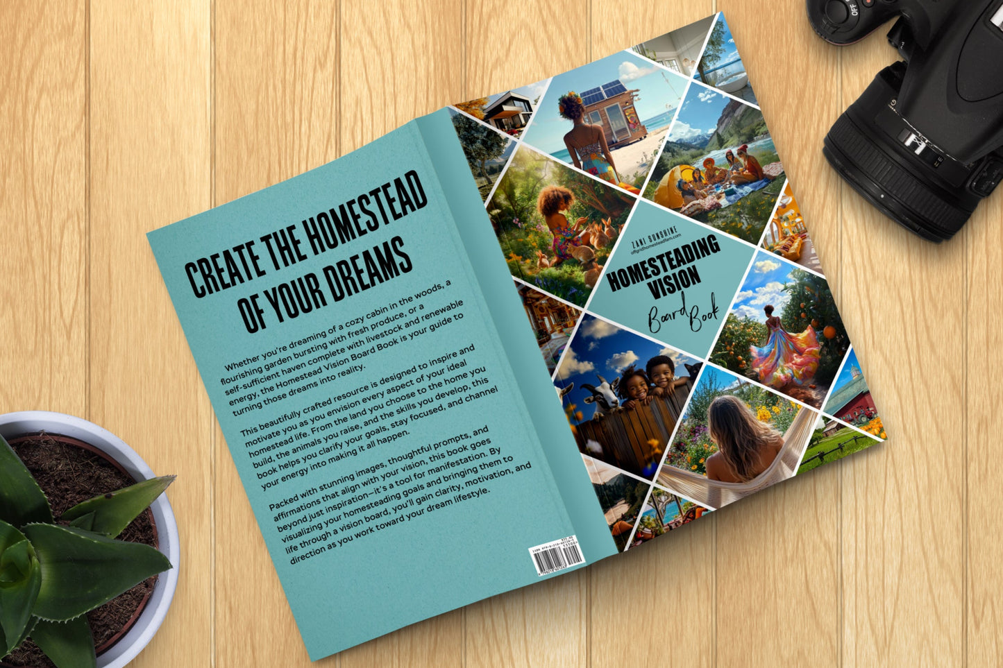  "Homesteading Vision Board Book by Zani Sunshine flat lay on wood table"