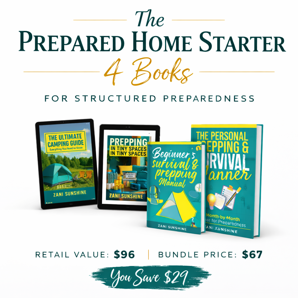  "The Prepared Home Starter bundle including Prepping Planner, Survival Manual, Camping Guide and Prepping in Tiny Spaces by Zani Sunshine"