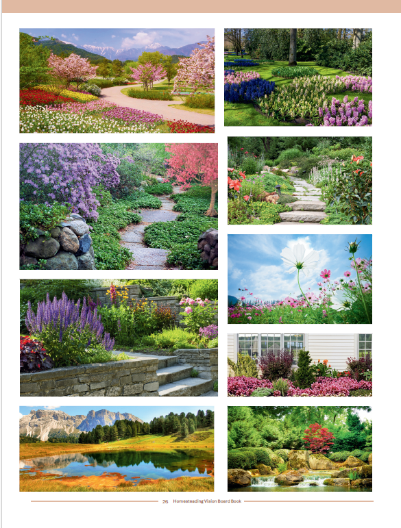 "Interior pages of Homesteading Vision Board Book showing land and garden inspiration"