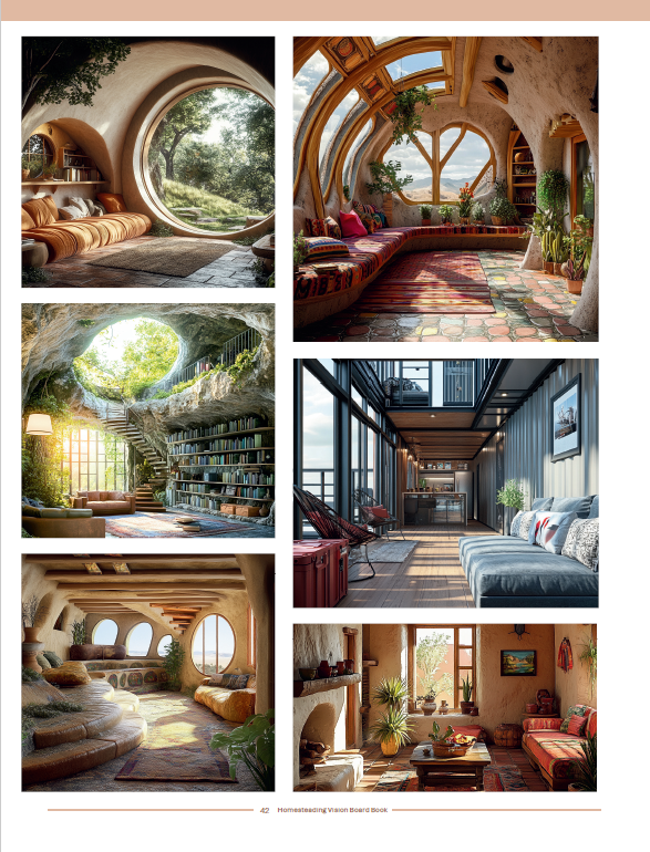 "Interior pages of Homesteading Vision Board Book showing offgrid home inspiration"